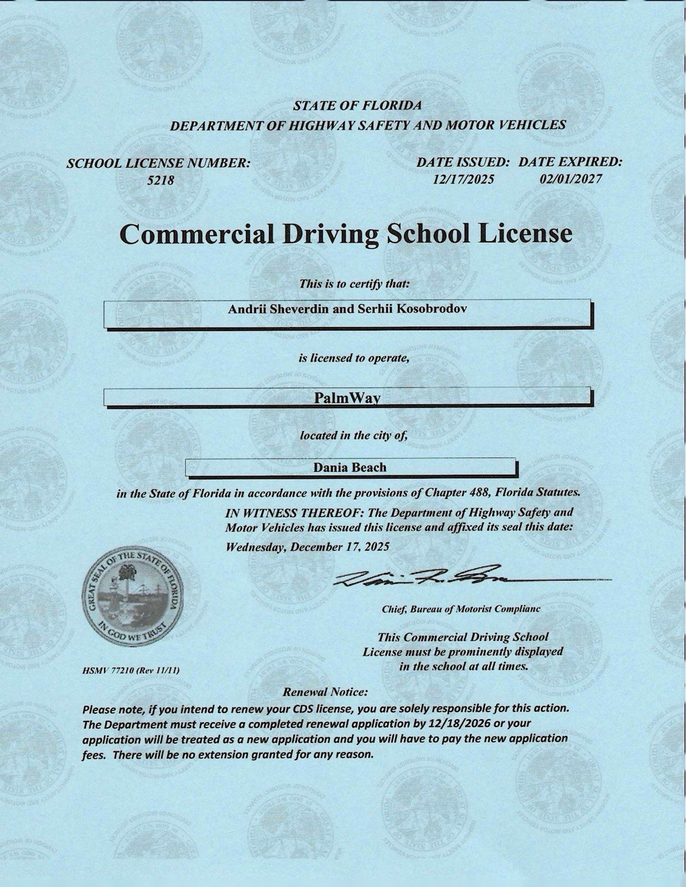 PalmWay Driving School License